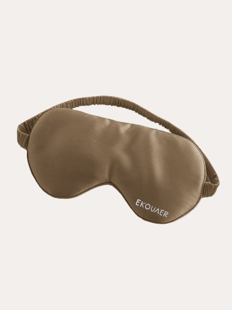 Brown satin sleep eye mask with curved eye shape and elastic strap