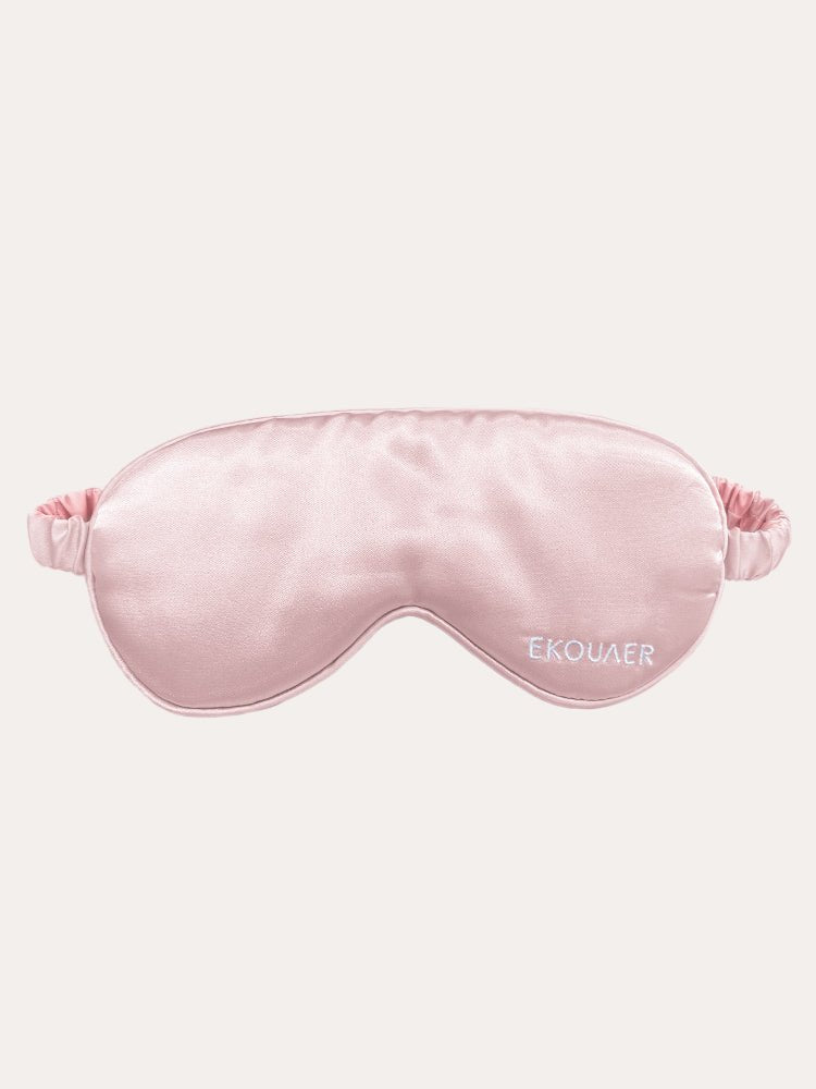 Pink satin sleep eye mask with elastic band and side loop details, logo