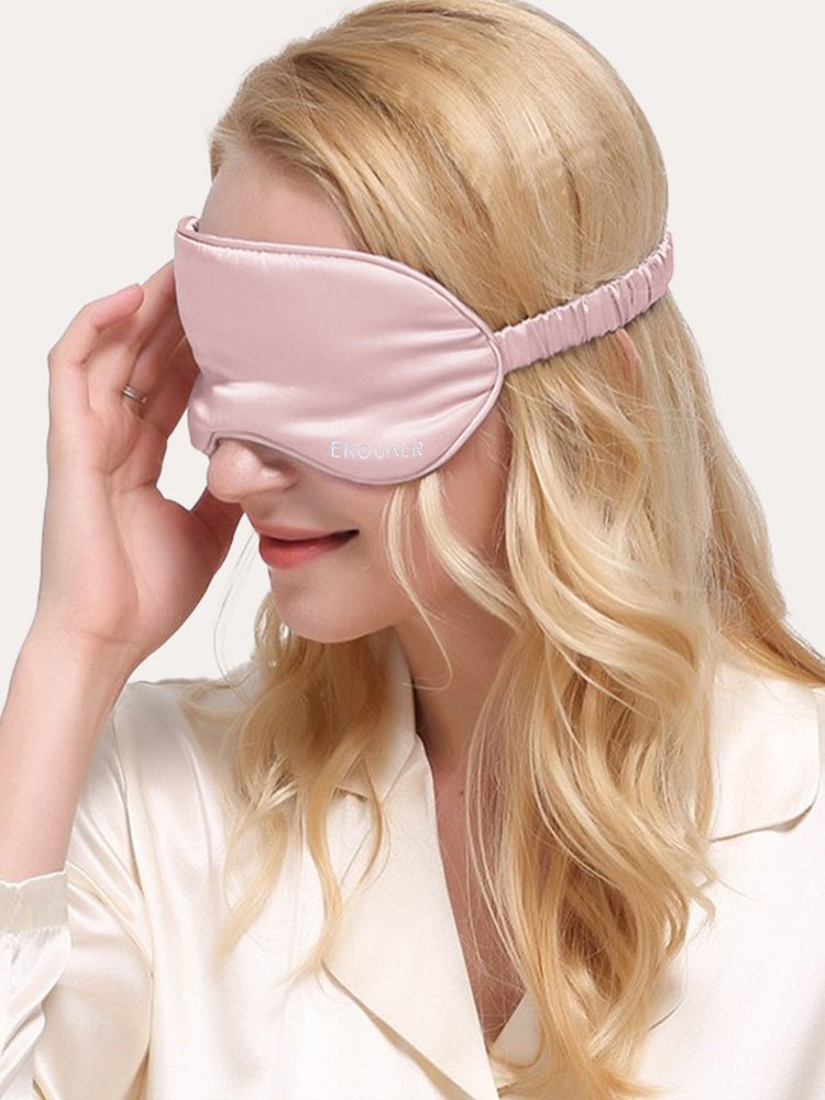 Soft satin sleep eye mask in satin pink, curved coverage with elastic band