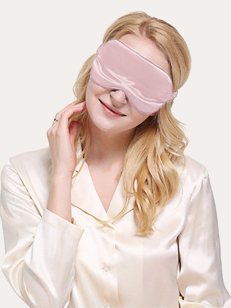 Soft satin sleep eye mask in satin pink, blindfold style with logo