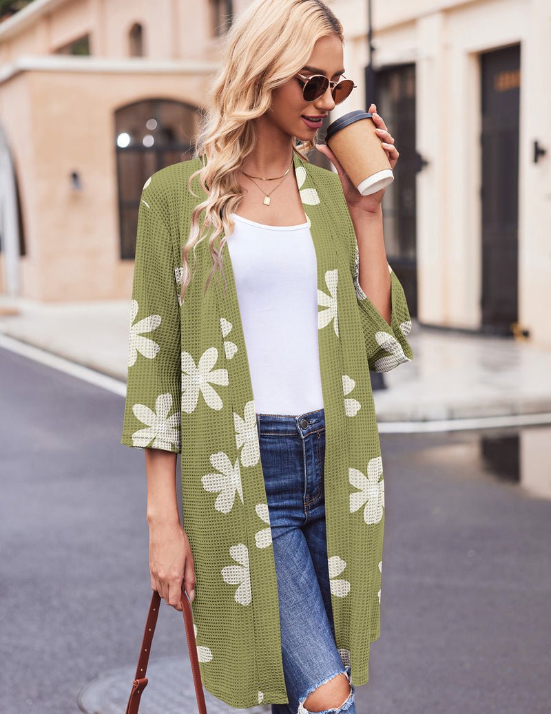 Olive green waffle-knit robe with white flower print, open front and tie waist