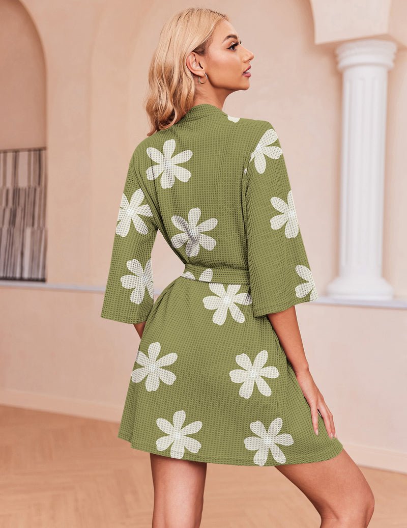 Waffle knit bathrobe, olive green with large white flower print and tie belt