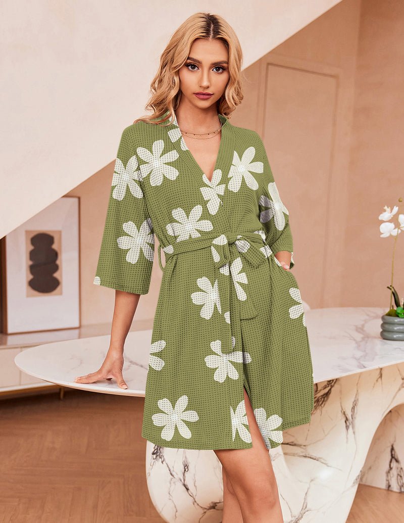 Olive green waffle bathrobe with white floral print, V-neck and waist tie