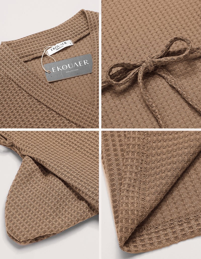 Ekouaer tag on khaki waffle-knit robe; close-up of fabric texture and tie