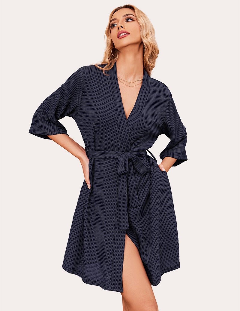 Navy blue waffle-knit bathrobe with V-neck and tied waist belt, 3/4 sleeves