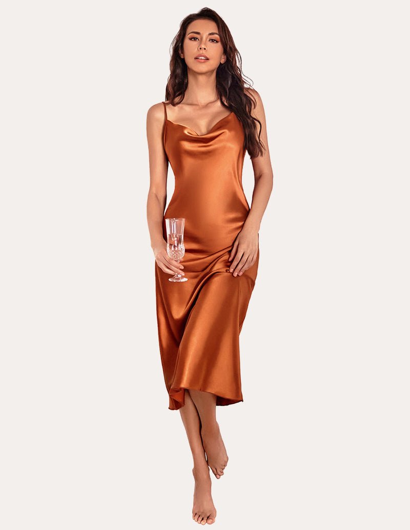 Rust brown satin long nightgown with spaghetti straps and cowl neckline