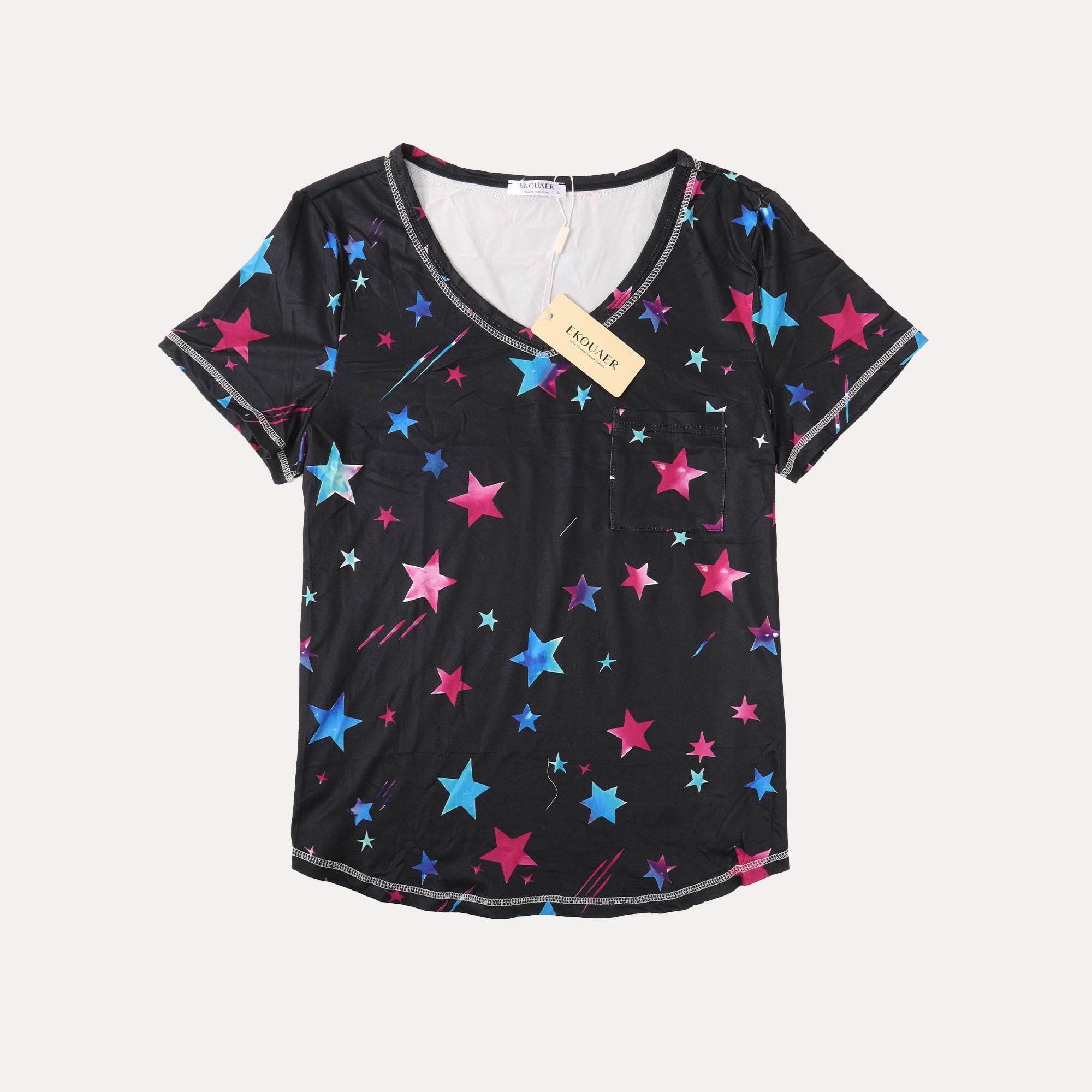 Black star-print V-neck T-shirt with pink, blue, and teal stars