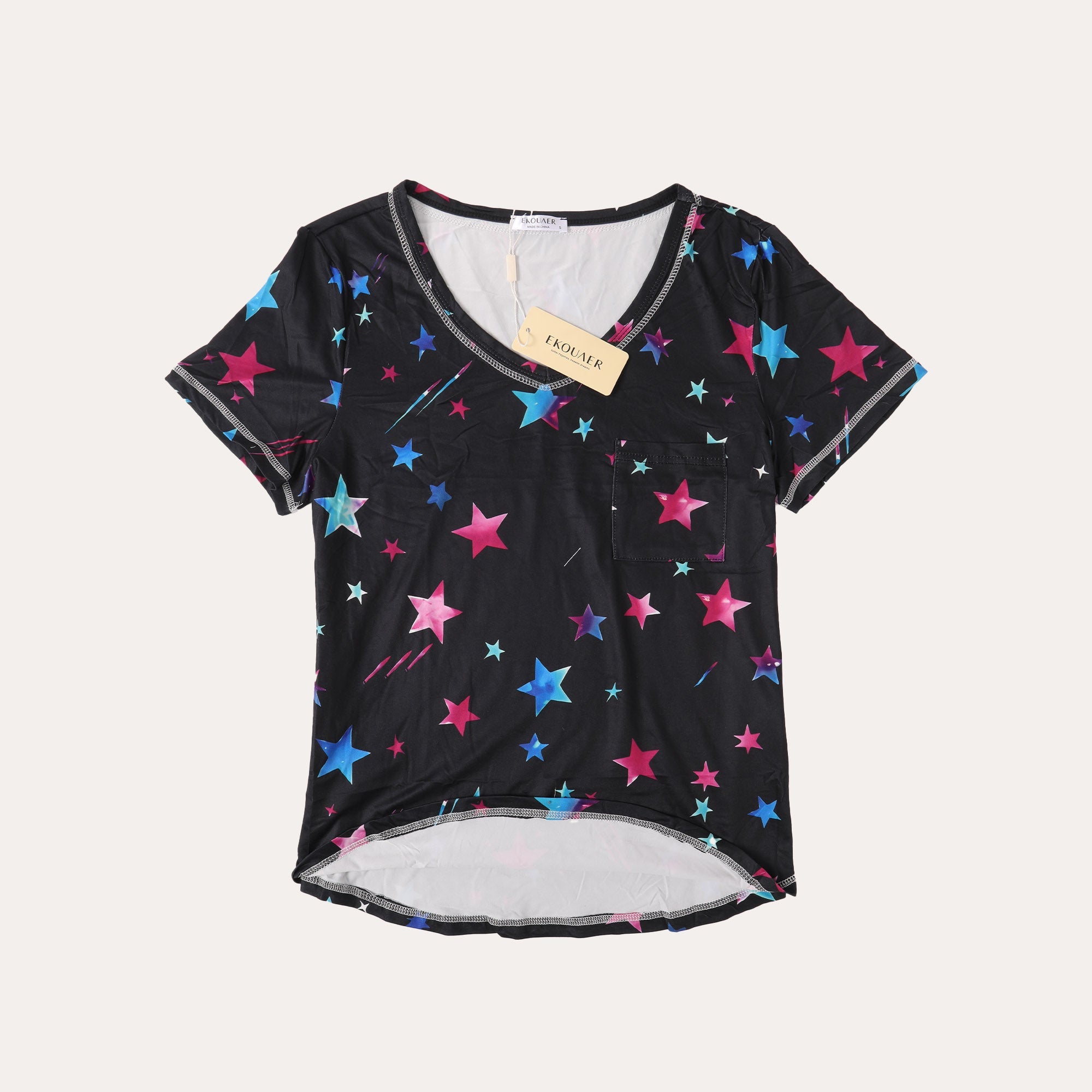 Black star-print T-shirt with multicolor stars and curved hem