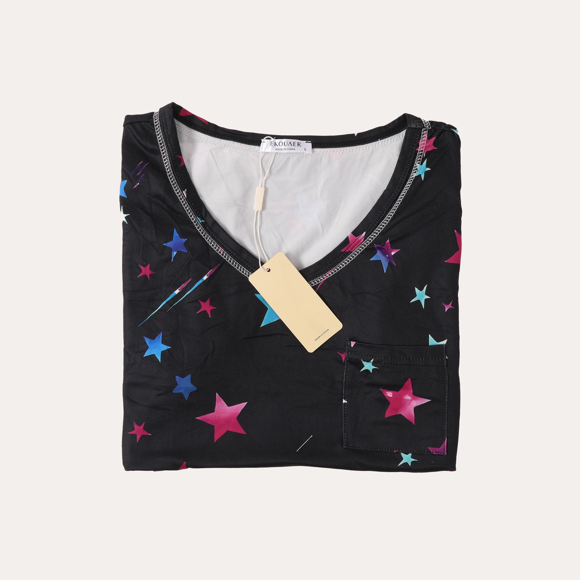 Black star-print V-neck T-shirt with colorful stars, short sleeves