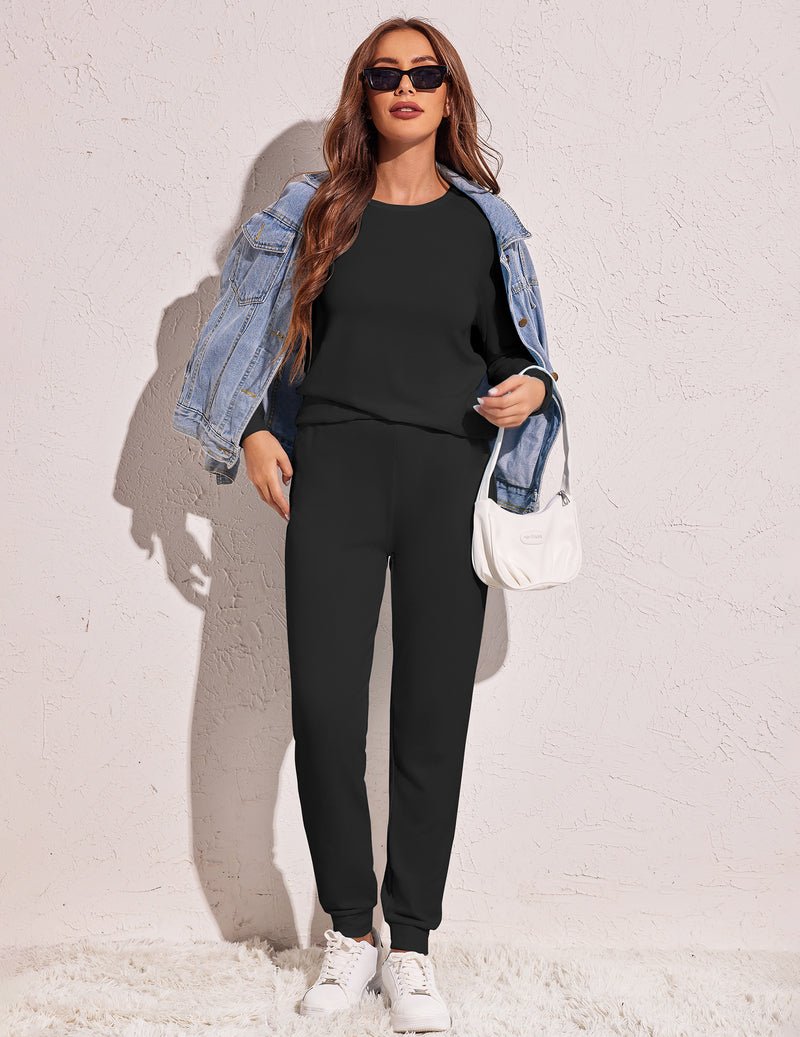 Black pajama set, long-sleeve pullover top and ankle-length jogger pants