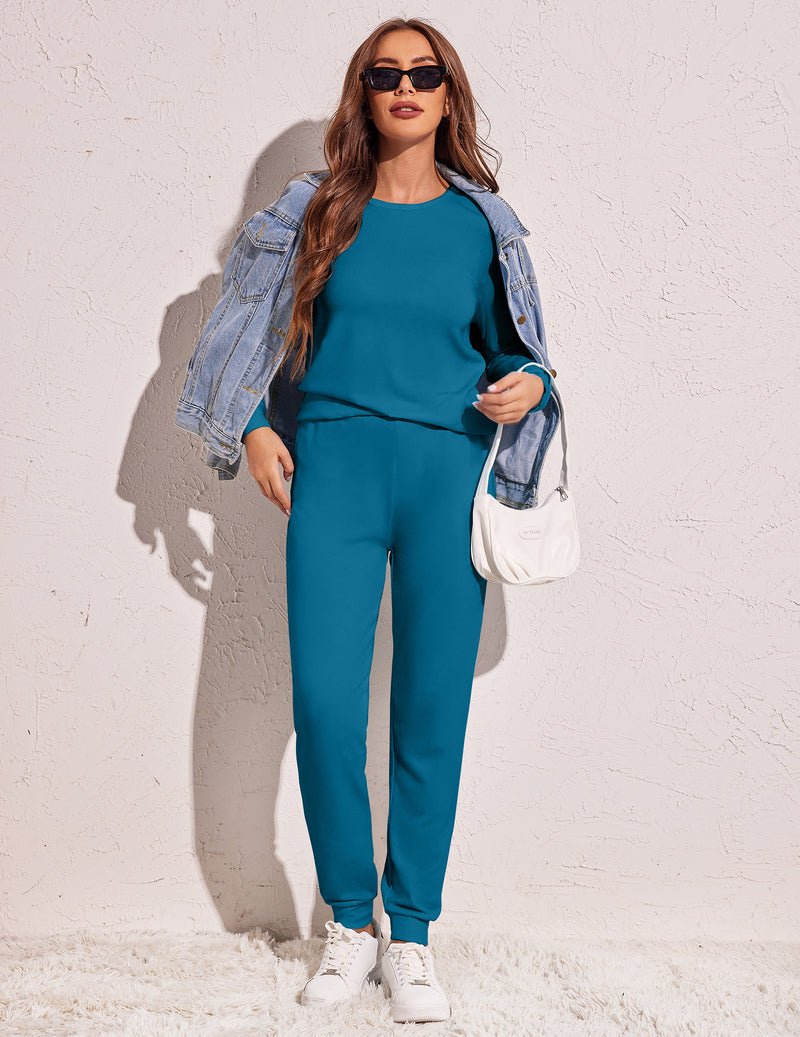Blue-green pajama set, long-sleeve pullover top and ankle-length jogger pants