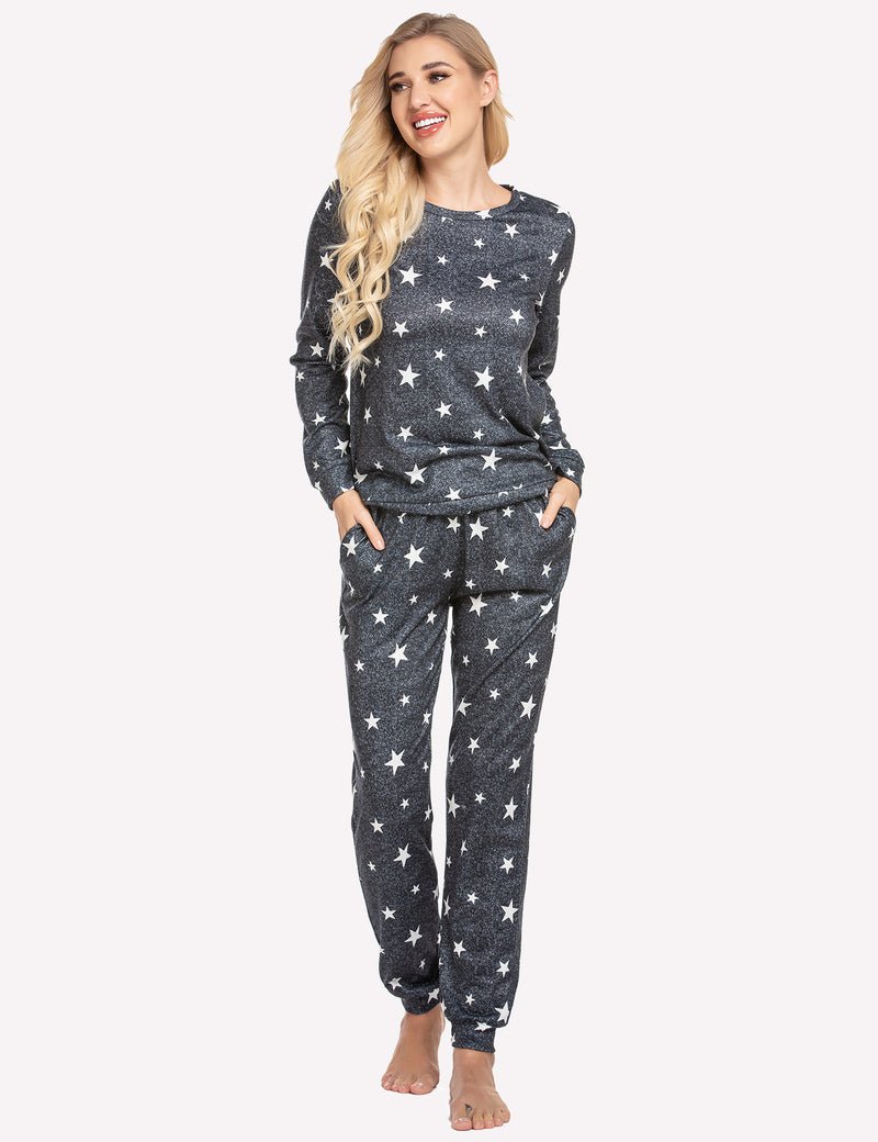 Super-soft pajama set, long-sleeve top and jogger pants, dark grey with white stars