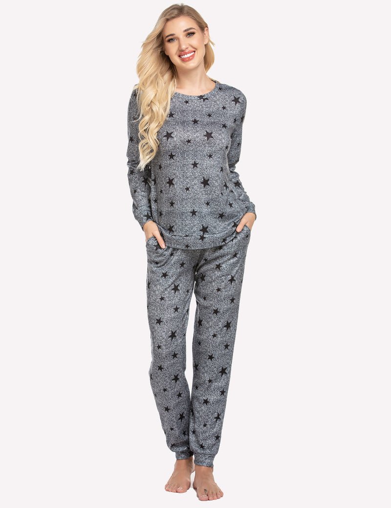 Schlafanzug-Set mit Sternen, graumeliert/schwarz, Langarmshirt und lange Hose