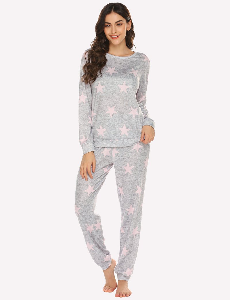 Schlafanzug-Set mit Sternen, grau mit roséfarbenen Akzenten, Langarm und lange Hose