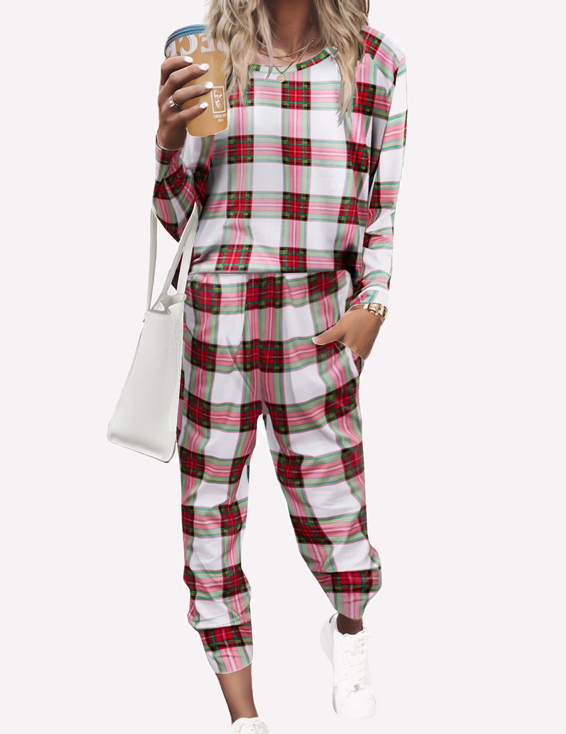 Super-soft pajama set, long-sleeve top and jogger pants, red green plaid
