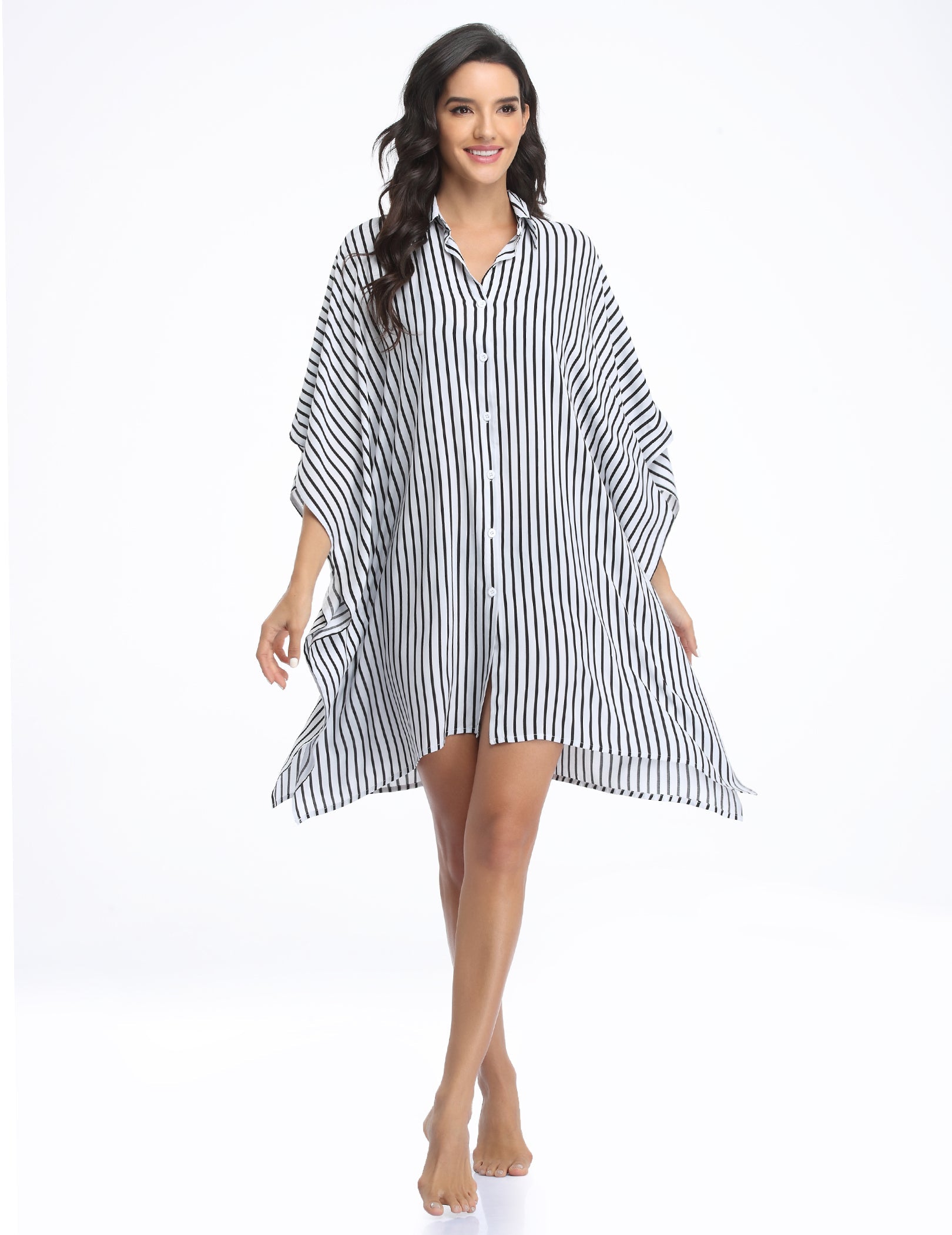 White pinstripe swim cover-up, V-neck button front, loose oversized fit