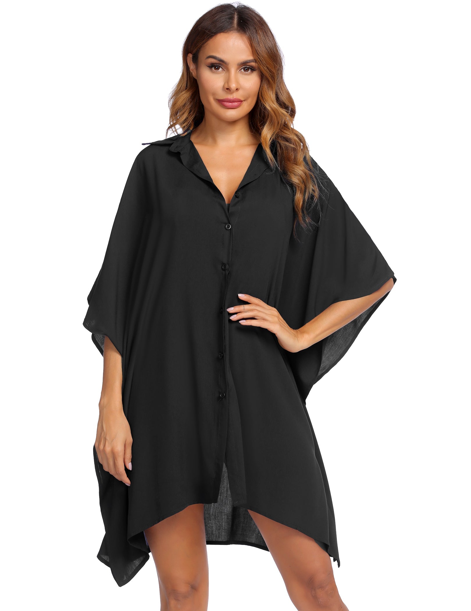 Black swim cover-up shirt dress, V-neck button front, loose dolman sleeves