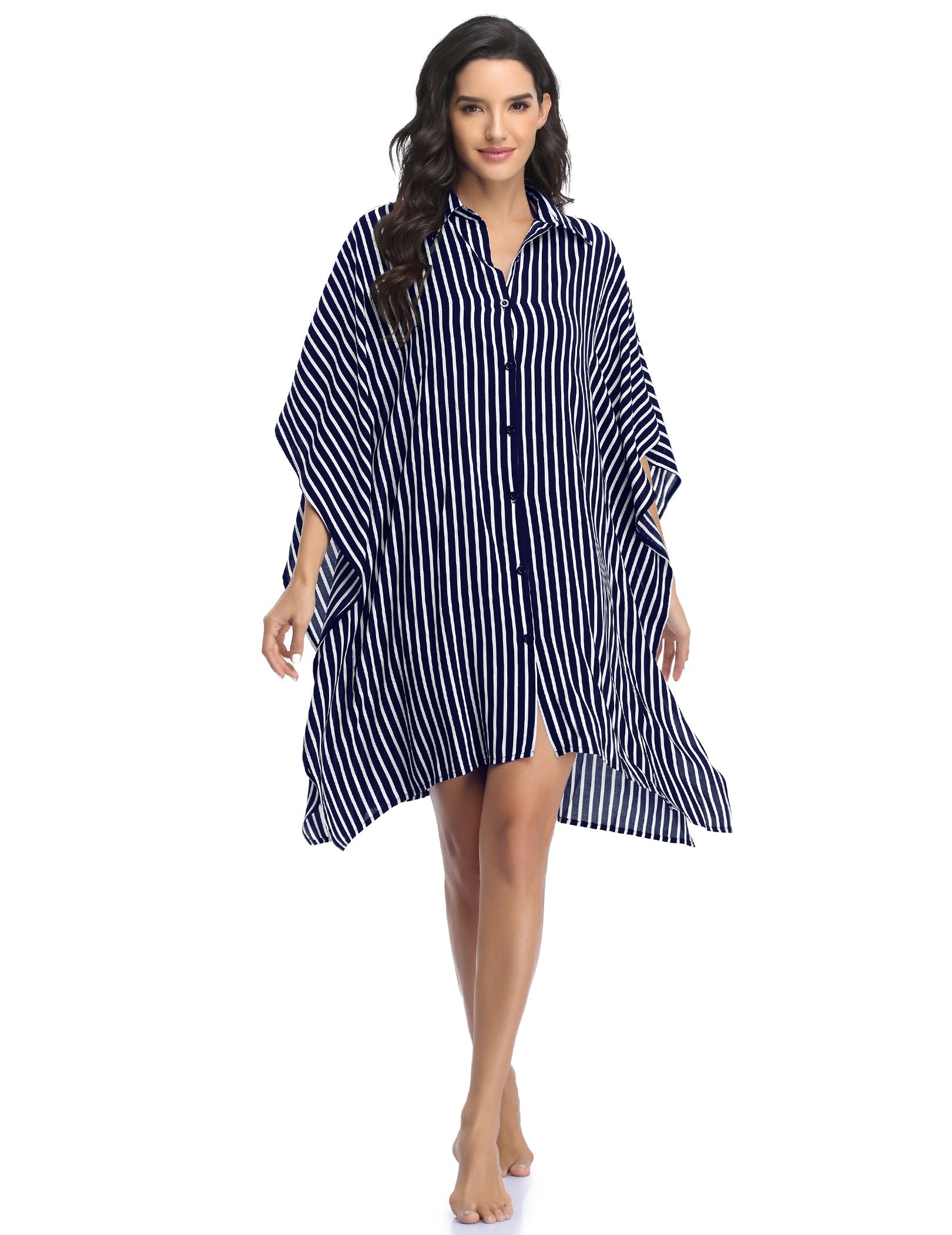 Navy-and-white striped swim cover-up, button front, loose draped sleeves