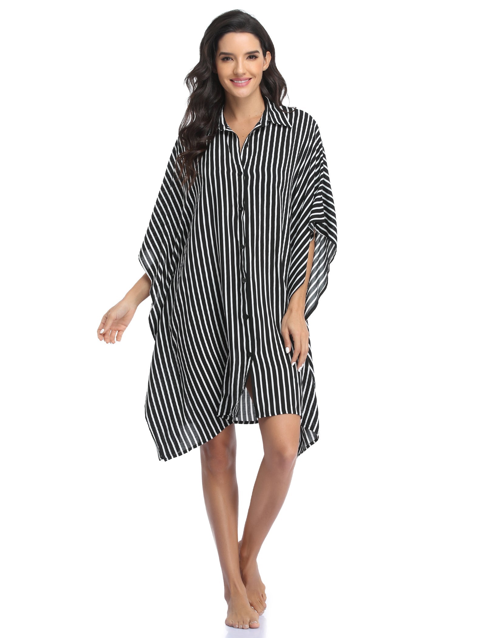 Black-and-white striped swim cover-up tunic with button front and draped hem