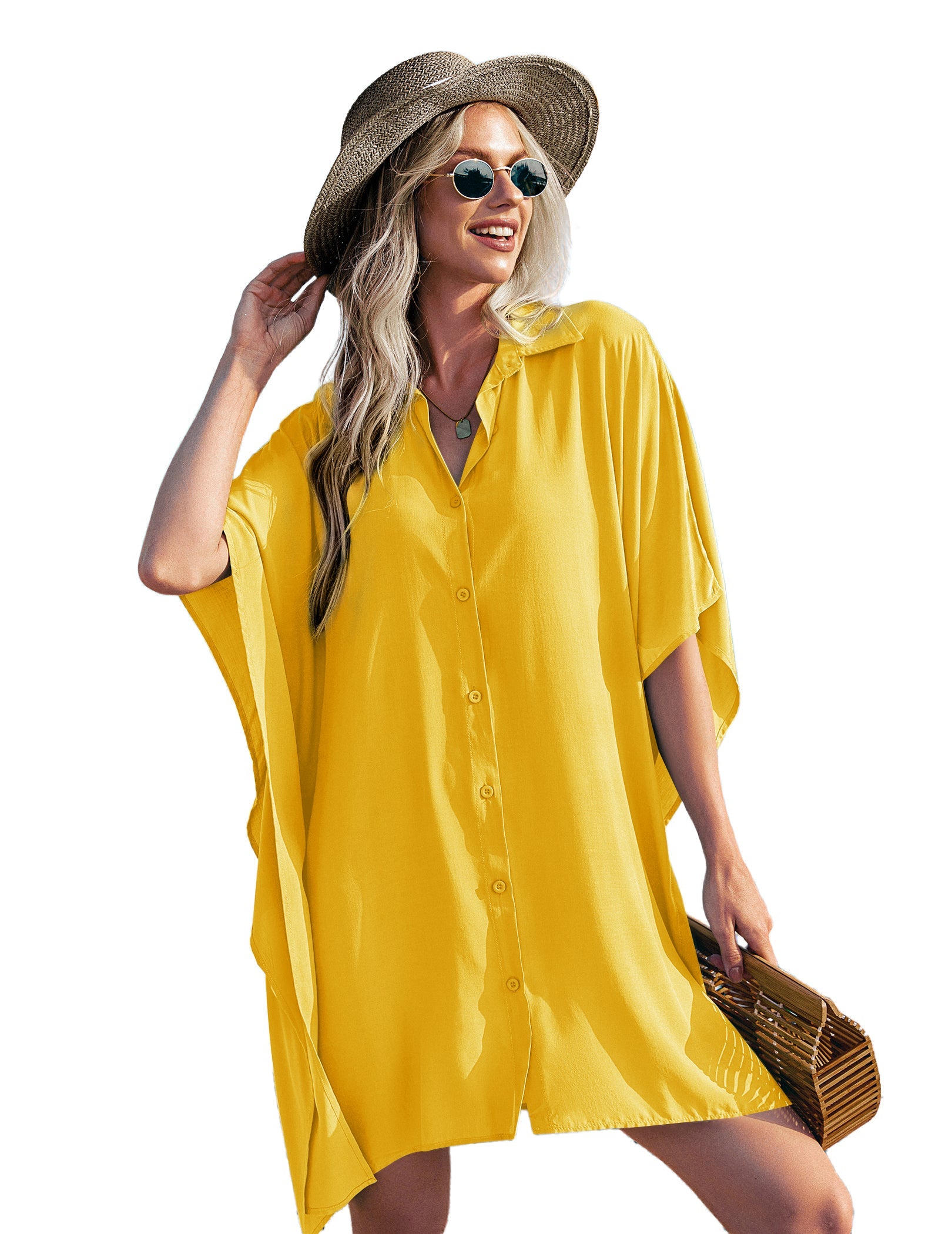 Yellow swim cover-up shirt dress, V-neck button front, flowy draped fit