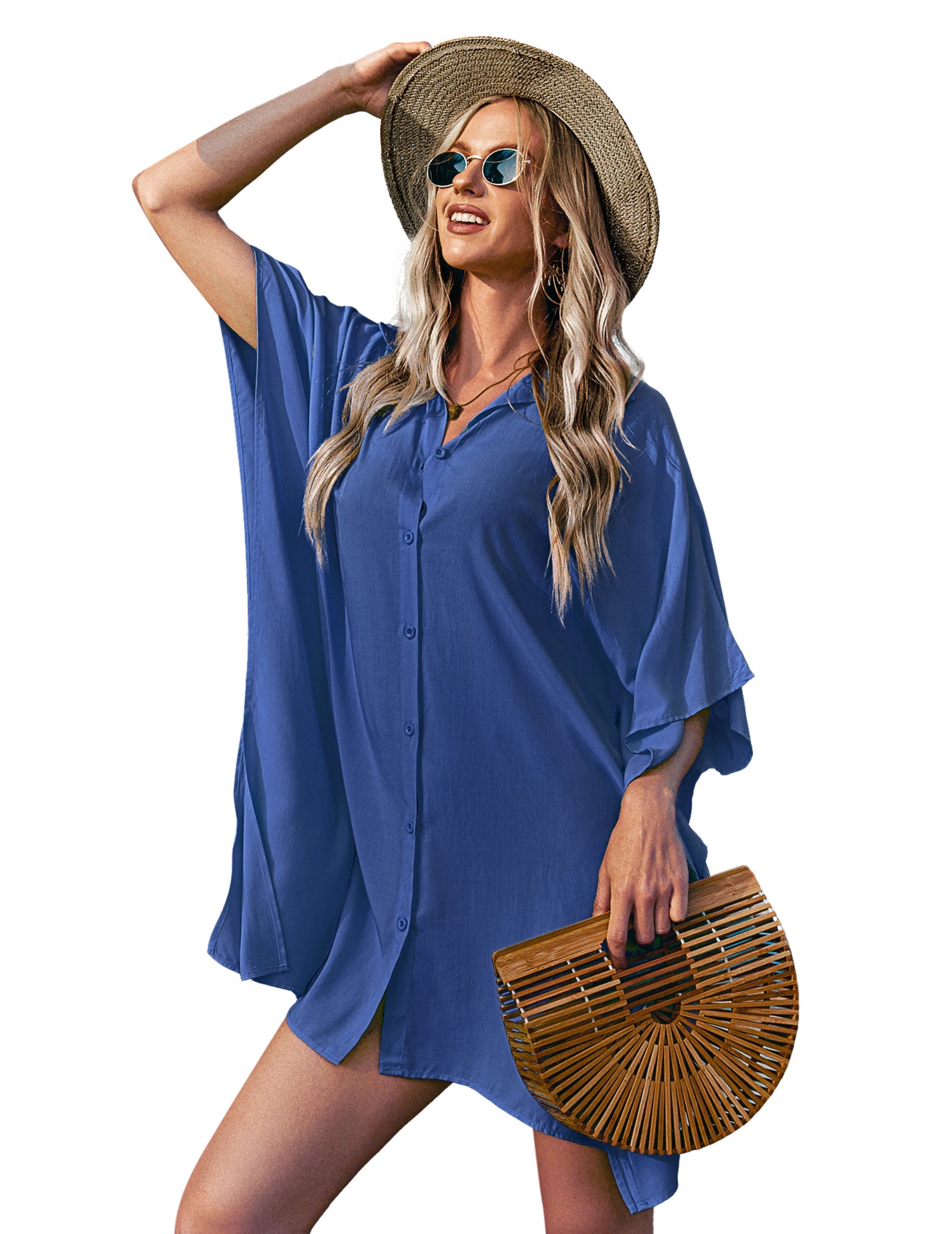 Blue swim cover-up shirt dress, V-neck button front, flowy wide sleeves