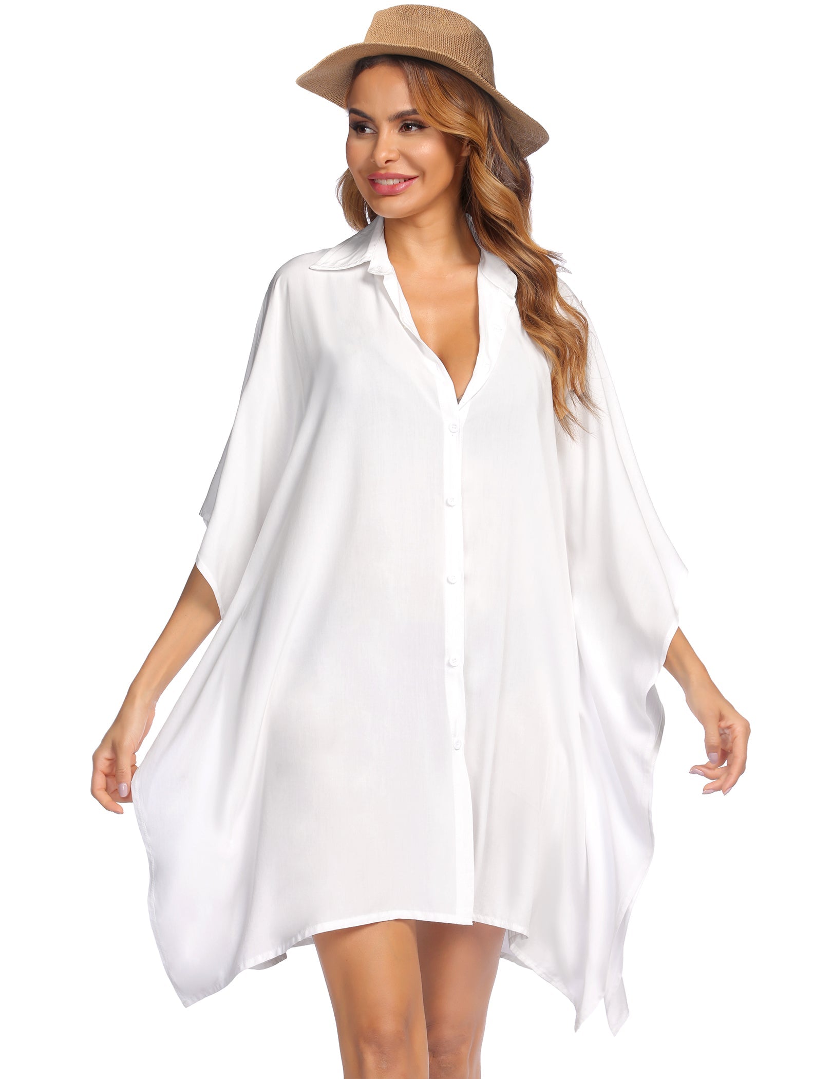 White swim cover-up shirt dress, V-neck button front, draped loose fit