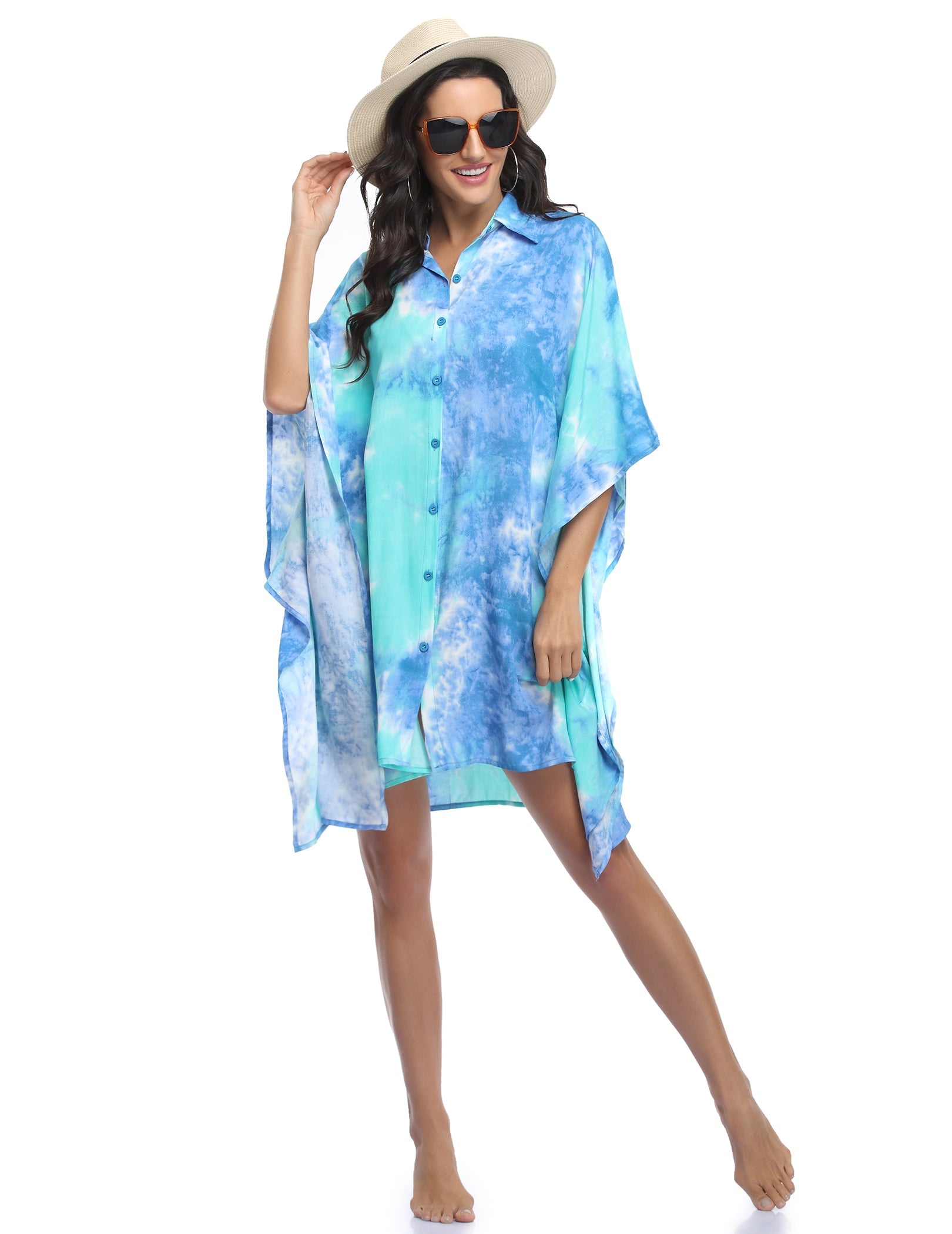 Blue watercolor swim cover-up shirt dress with button front and loose sleeves