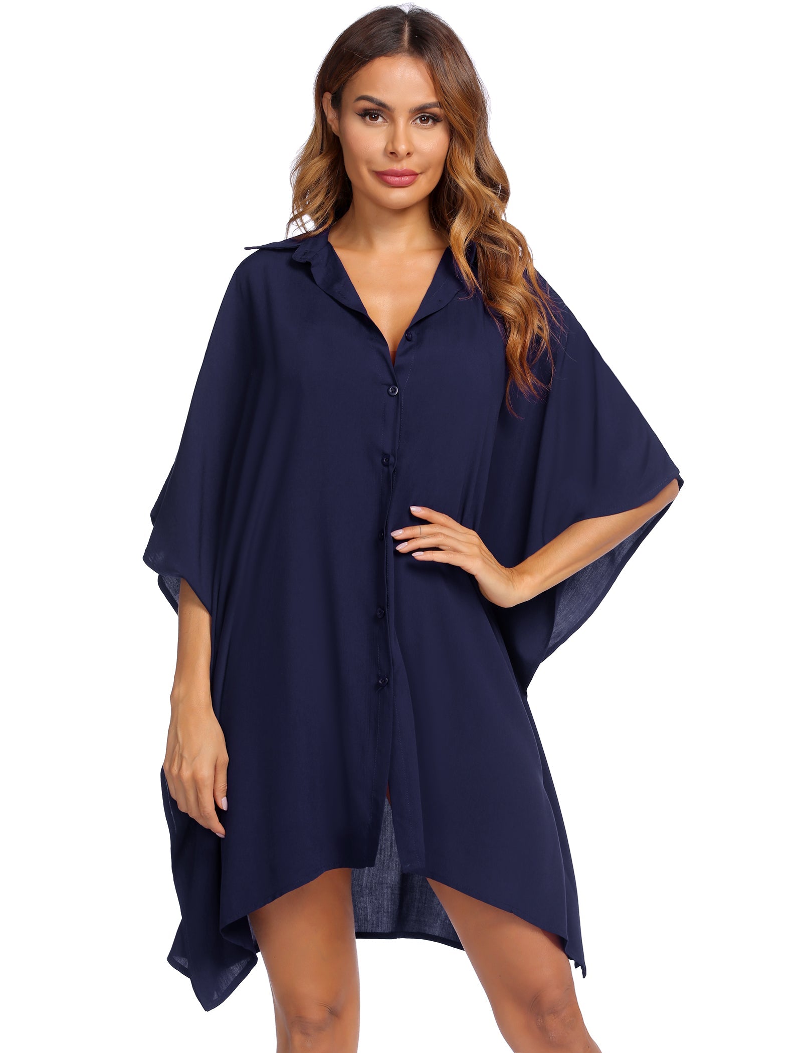 Navy blue swim cover-up shirt dress, V-neck button front, loose wide sleeves