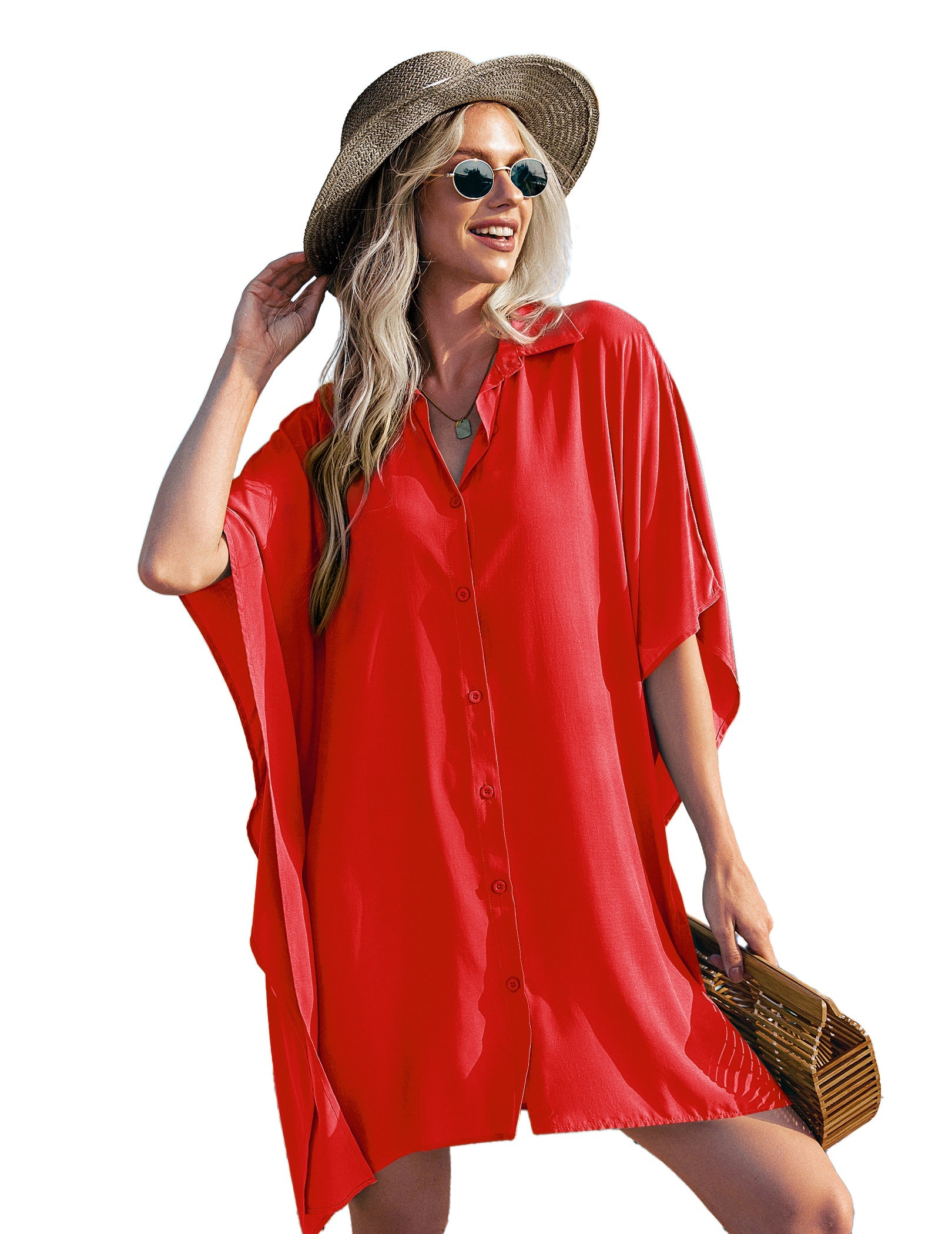 Red swim cover-up shirt dress, V-neck button front, roomy loose sleeves