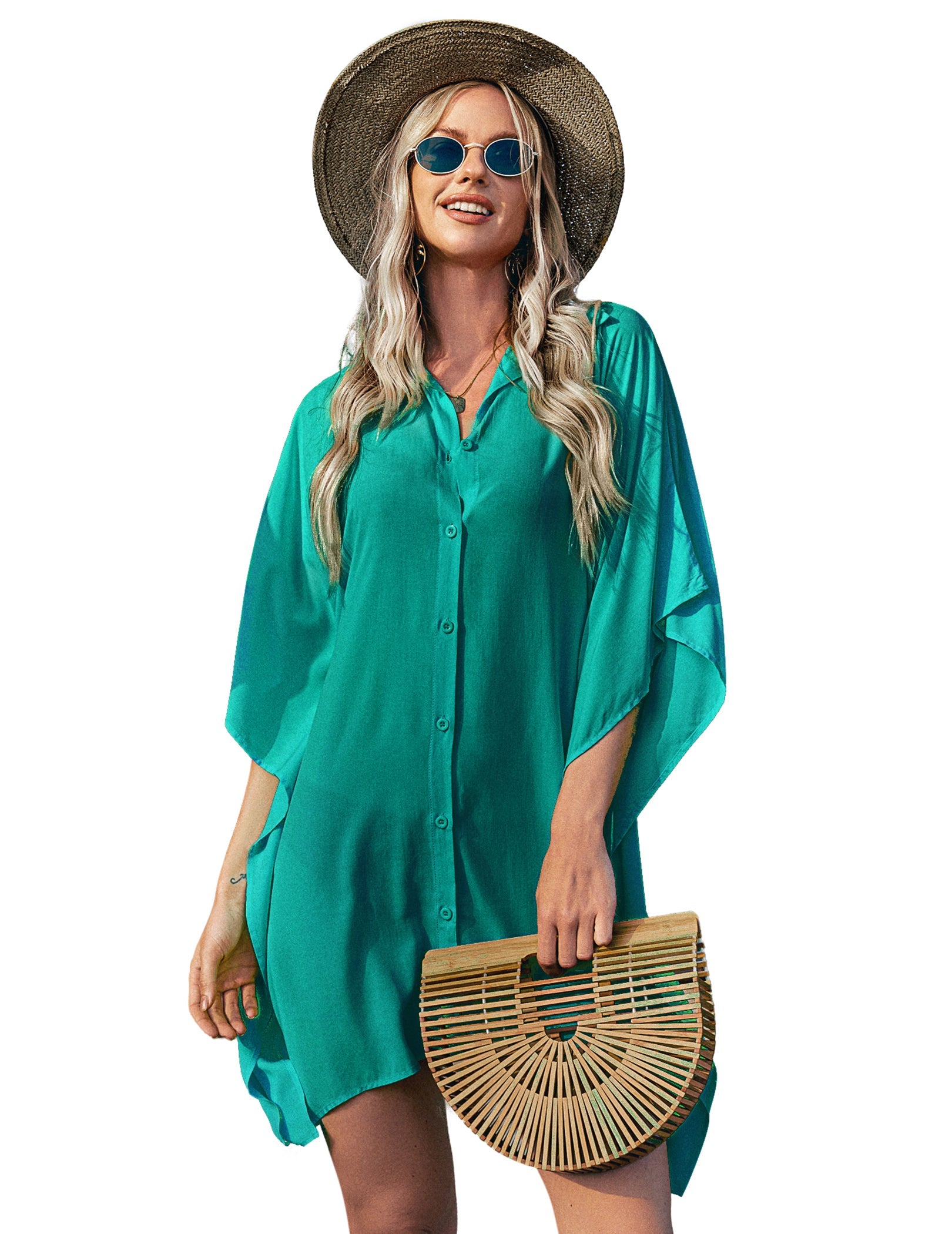 Green swim cover-up shirt dress, V-neck button front, loose dolman sleeves