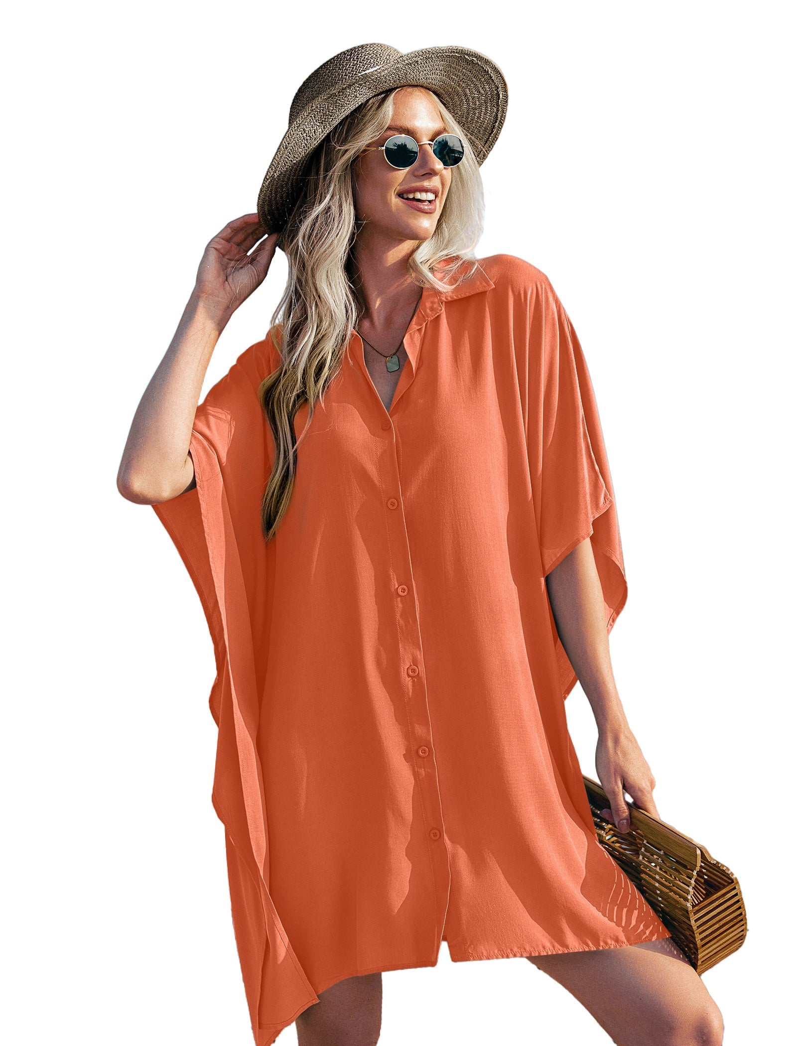 Orange swim cover-up shirt dress, V-neck button front, relaxed loose drape