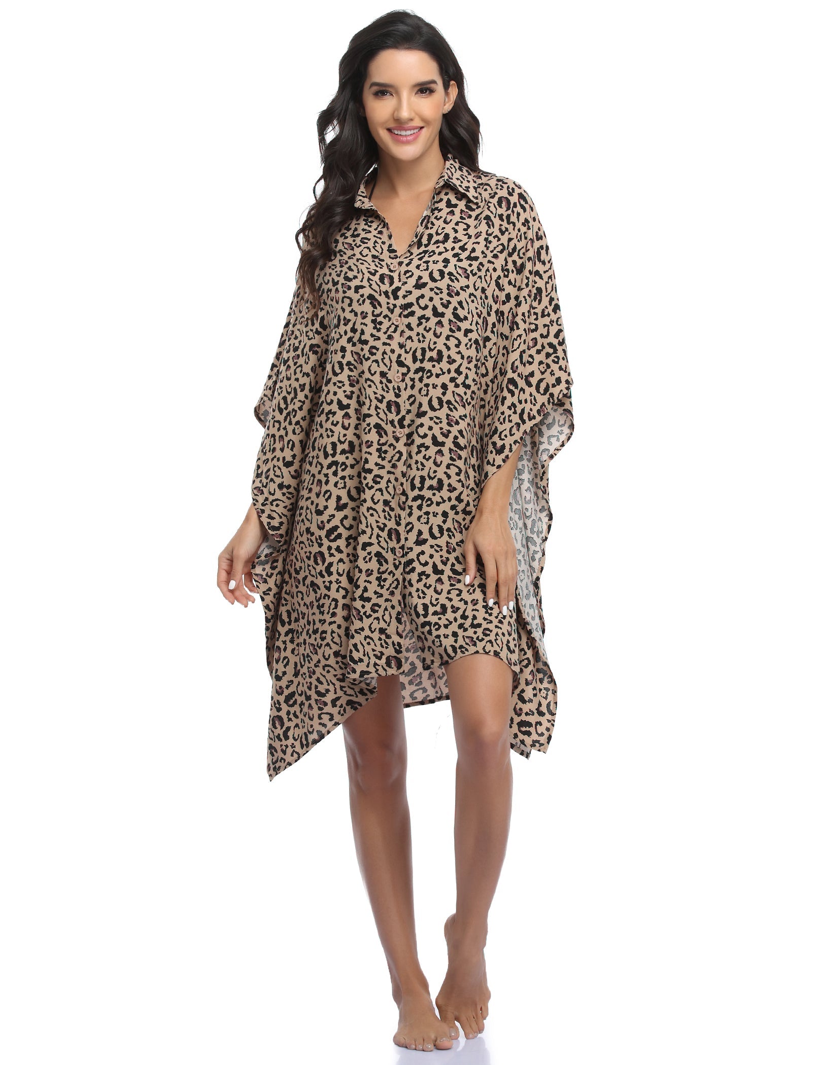 Leopard print swim cover-up shirt dress, V-neck button front, loose drape