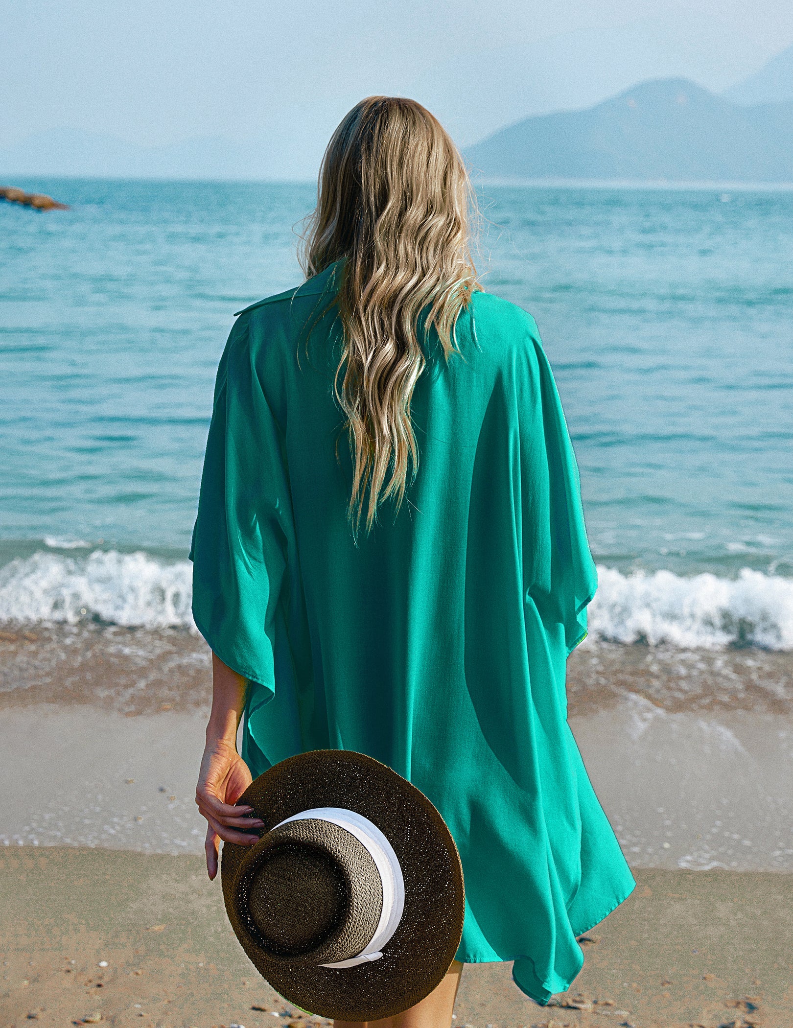 Green swim cover-up, loose button-up style with wide kimono sleeves (back view)