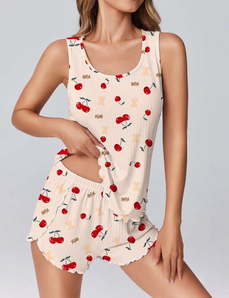 Cream cherry print ribbed tank top pajama set with scalloped hem shorts