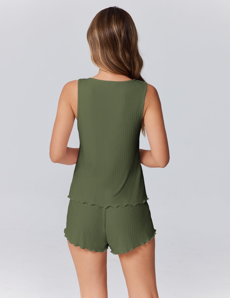 Army-Green Tank-Top Pajama-Set mit kurzen Shorts, gerippter Stoff