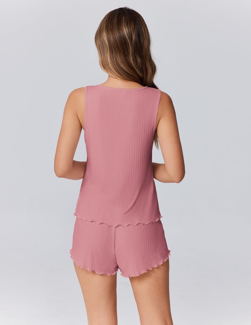 Pink Tank-Top Pajama-Set mit kurzen Shorts, gerippter Stoff, Rückansicht