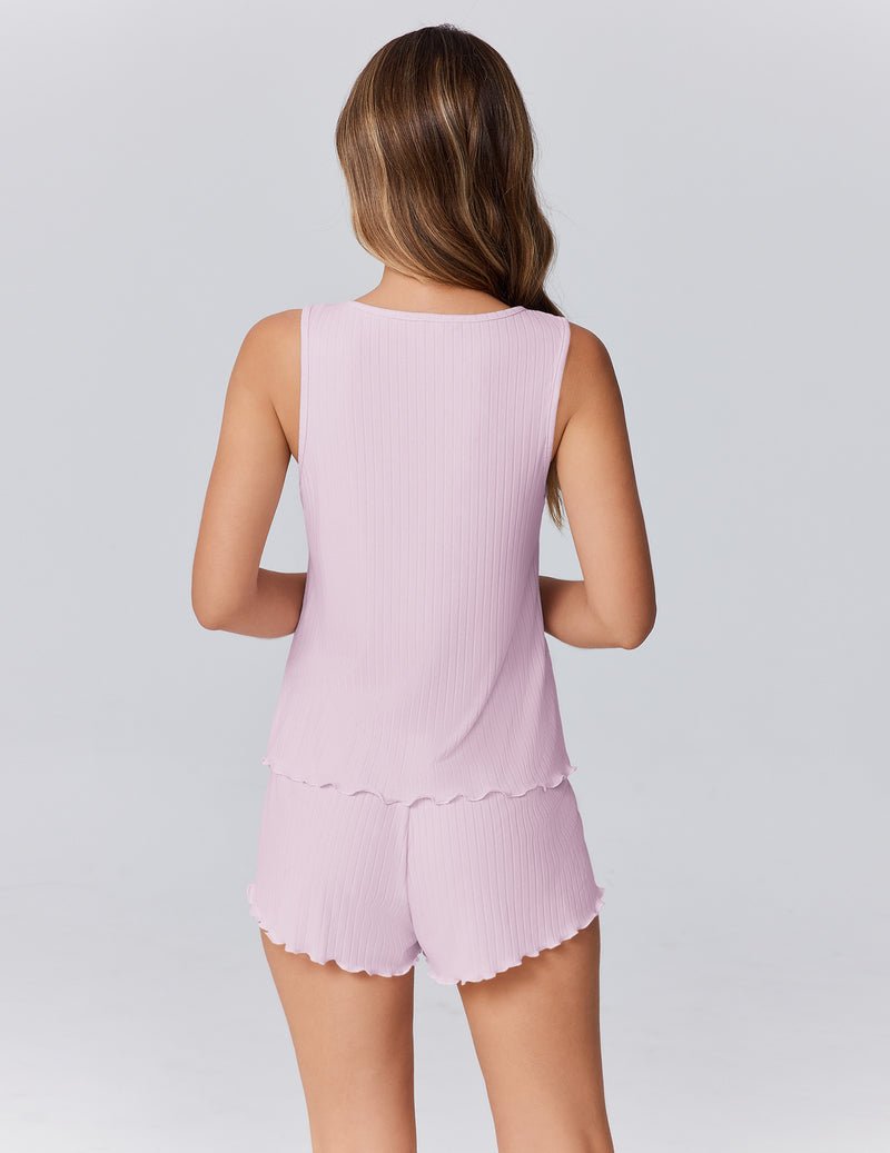 Rosa Tank-Top Pajama-Set mit kurzen Shorts, gerippter Stoff, Rückansicht