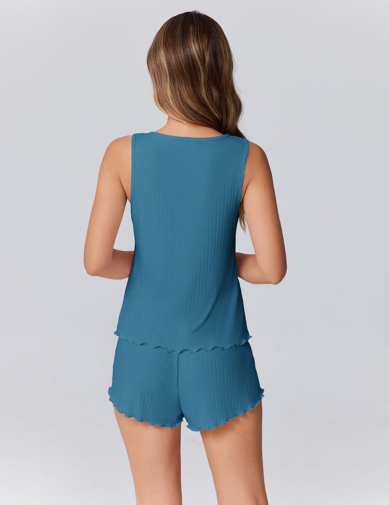 Lake-Blue Tank-Top Pajama-Set mit kurzen Shorts, gerippte Optik