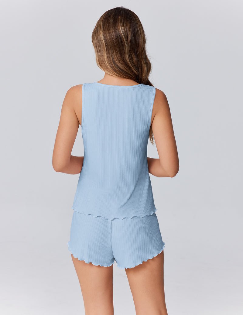 Baby-Blue Tank-Top Pajama-Set mit kurzen Shorts, gerüschter Saum