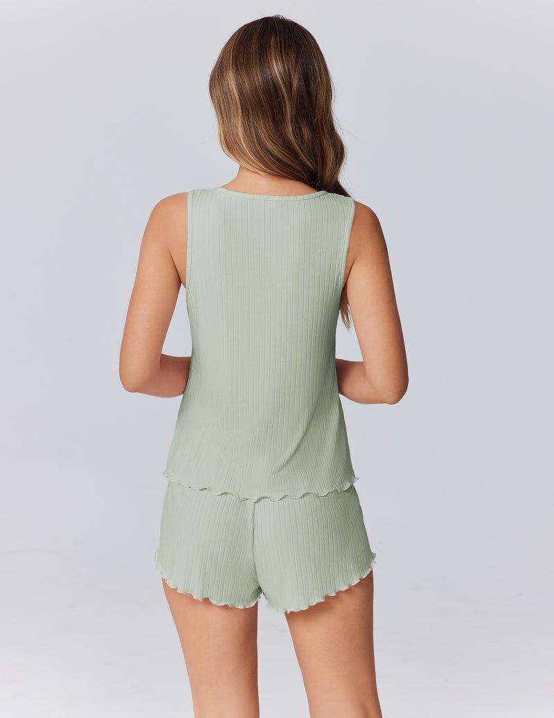 Light-Green Tank-Top Pajama-Set mit kurzen Shorts, gerüschter Abschluss