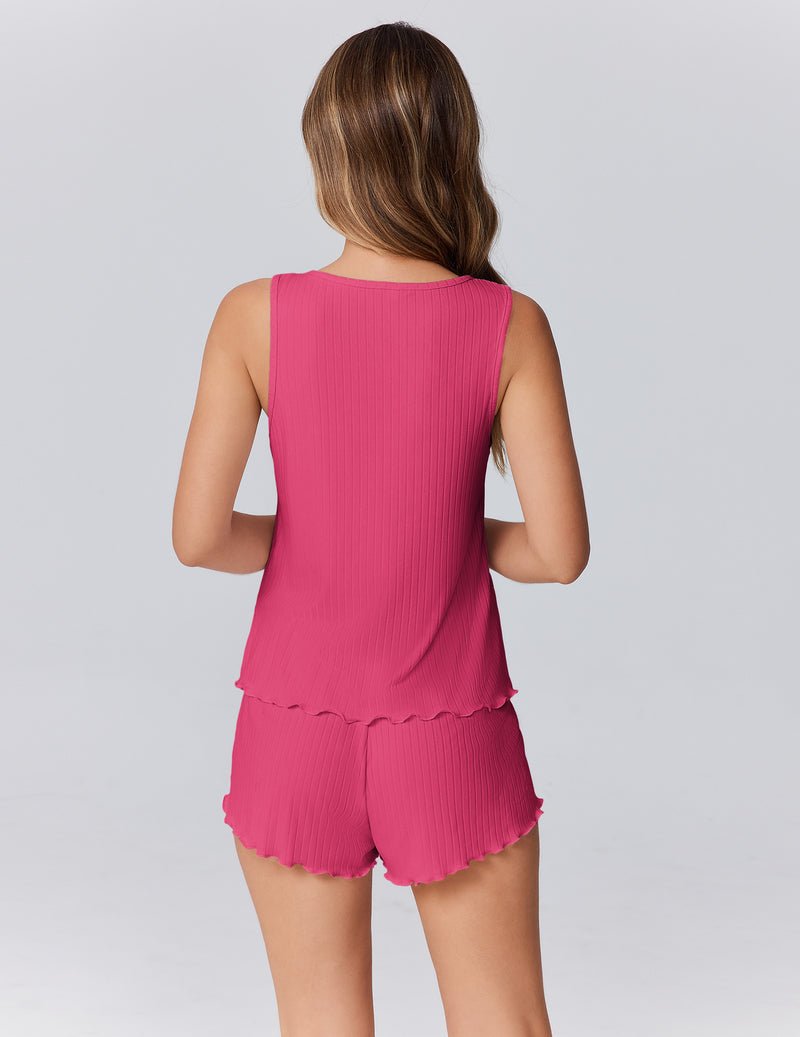 Hot-Pink Tank-Top Pajama-Set mit kurzen Shorts, gerüschter Saum, Rückansicht