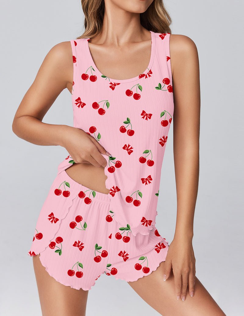 Pink cherry print ribbed tank top pajama set with scalloped shorts hem