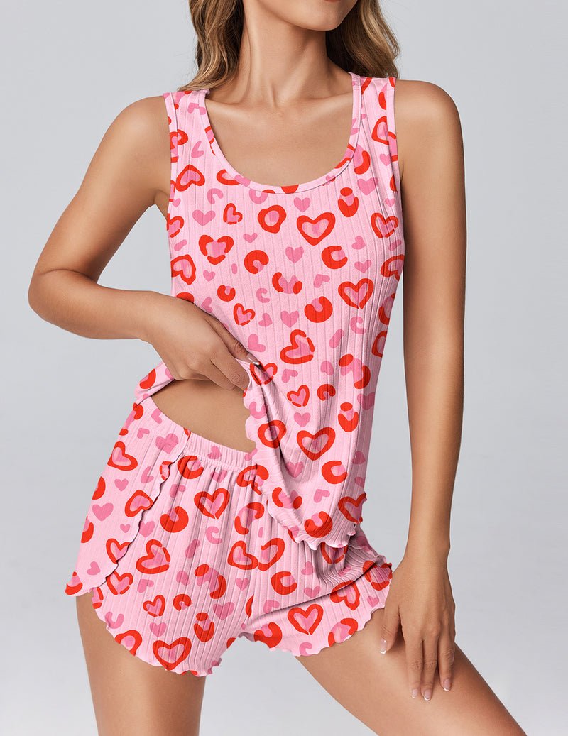 Pink heart print ribbed tank top pajama set with scalloped hem shorts