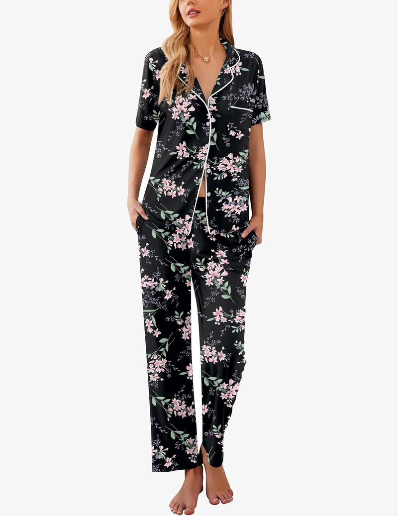 Pyjama set: black with pink floral print, short-sleeve button top and long pants