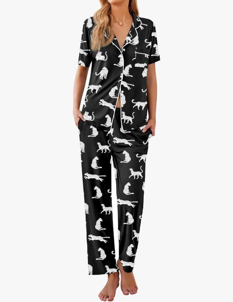 Pyjama set in black with white dog print, short-sleeve button shirt and long pants