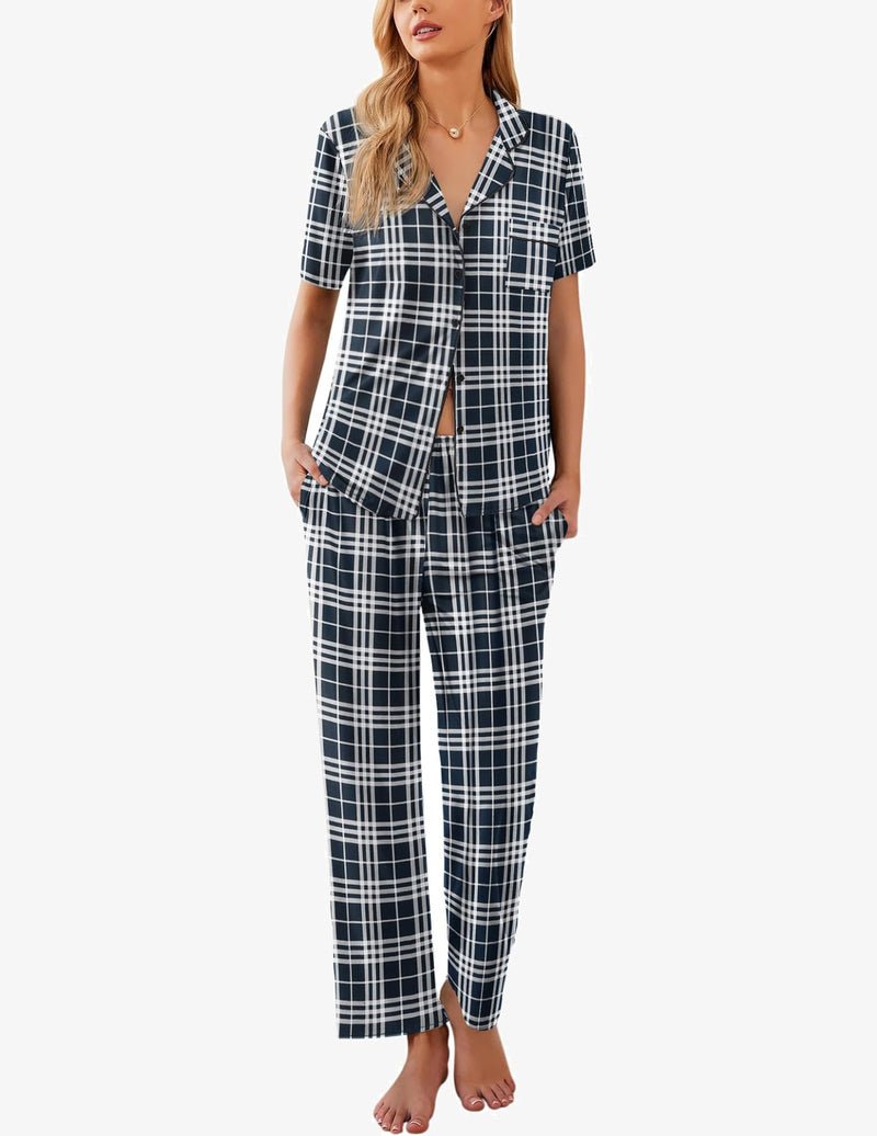 Pyjama set in navy and white plaid, short-sleeve button shirt and long pants