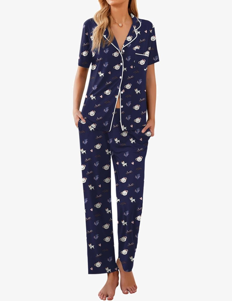 Navy panda print short-sleeve pajama shirt and long pants with button front