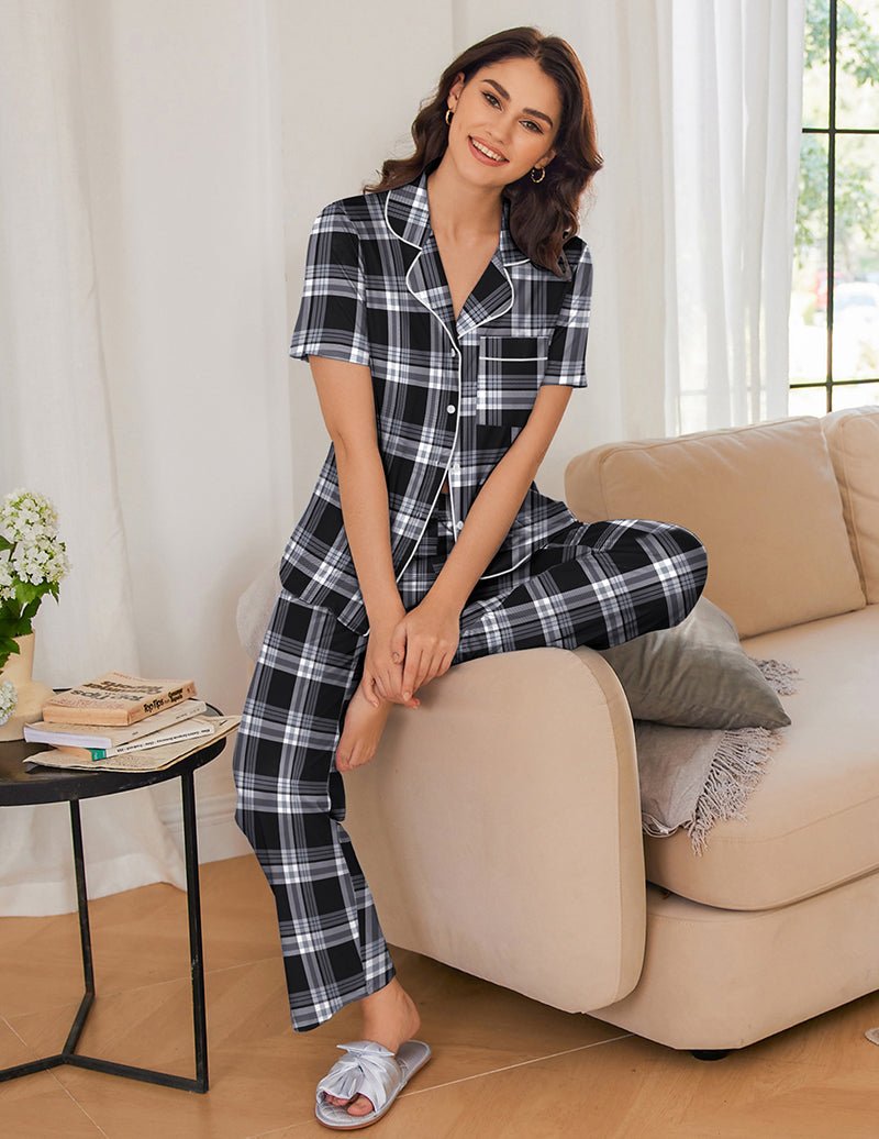 Plaid pajama set with short-sleeve button shirt and long pants, black and white