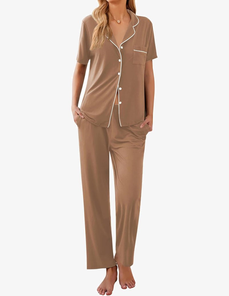 Beige/tan pajama set with short-sleeve button-front top and matching long pants