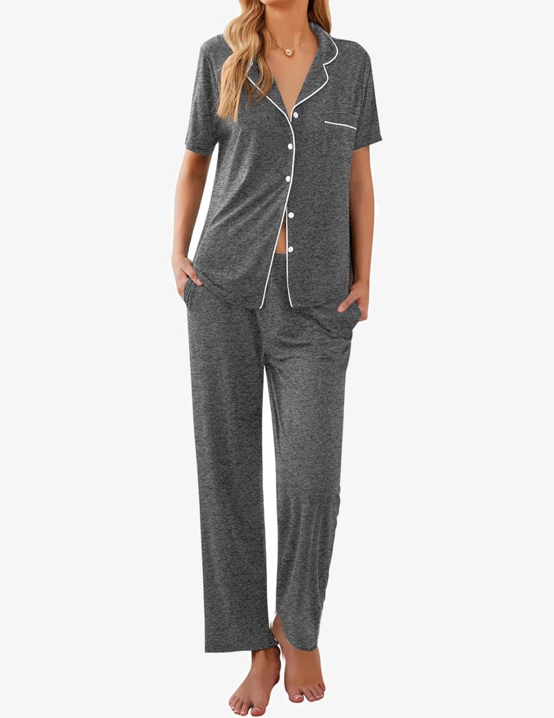 Charcoal gray pajama set with short-sleeve button-front top and matching long pants